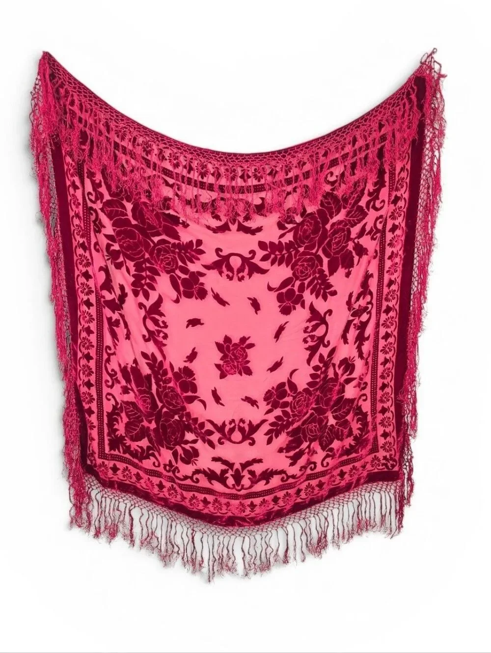 Silk Blend Velvet Burnout Floral Fringe Shawl Scarf Deep Burgundy Red Square